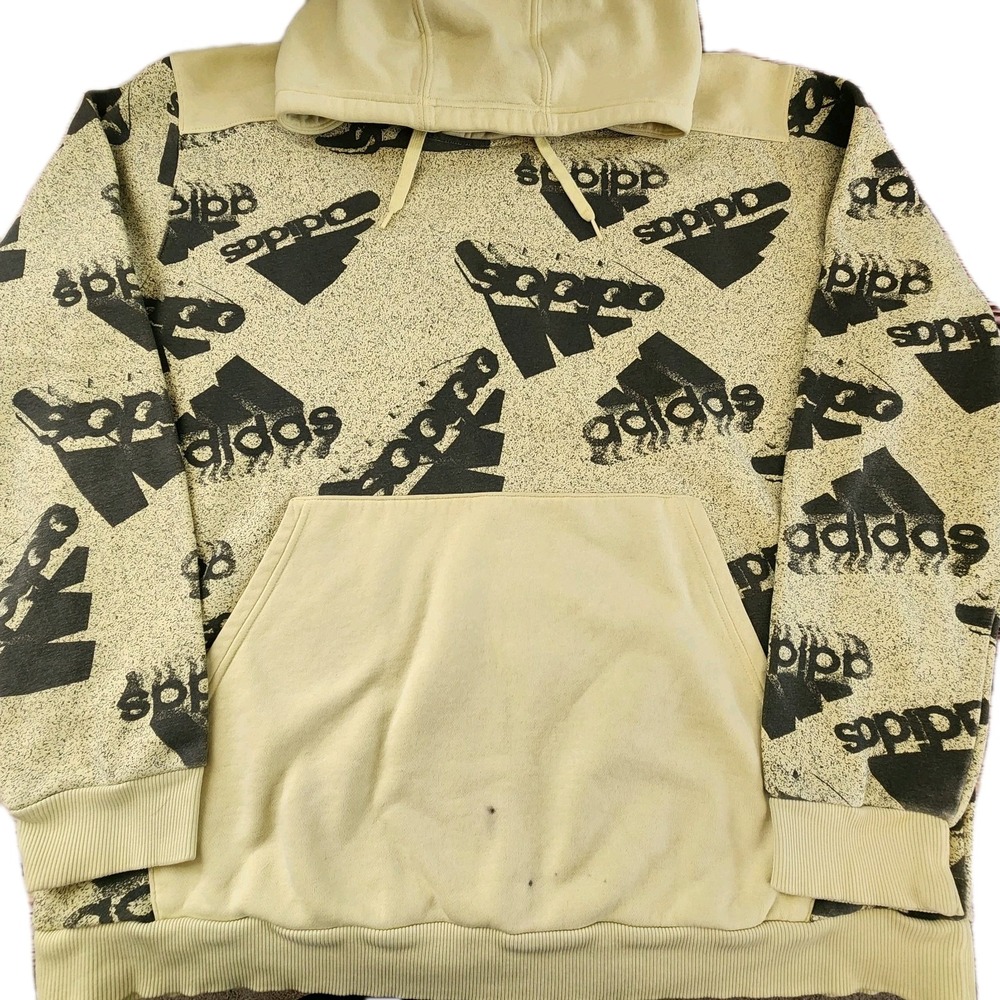 ADIDAS Hoodie‎ Men XL Essentials Brandlove Fleece All Over Print Pullover Yellow